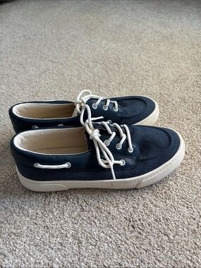 Mens Navy Canvas Boat Sneakers with Cream Soles